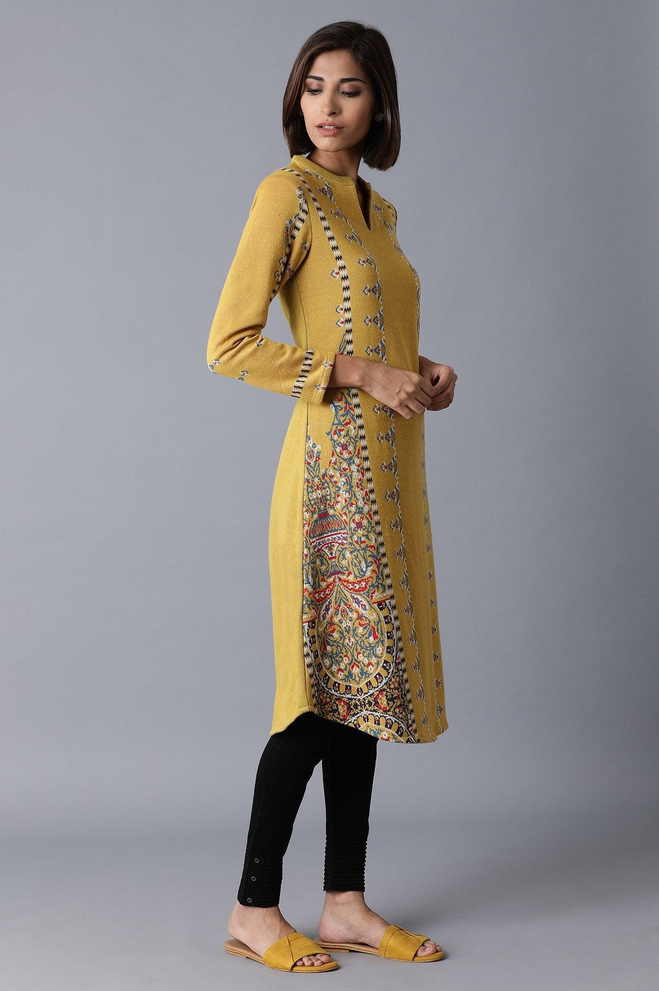 Yellow Jacquard Winter kurta - wforwoman