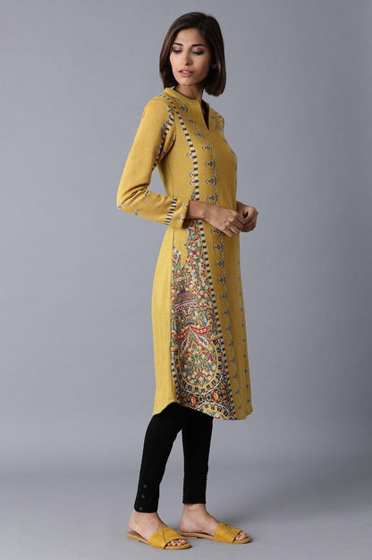 Yellow Jacquard Winter kurta - wforwoman