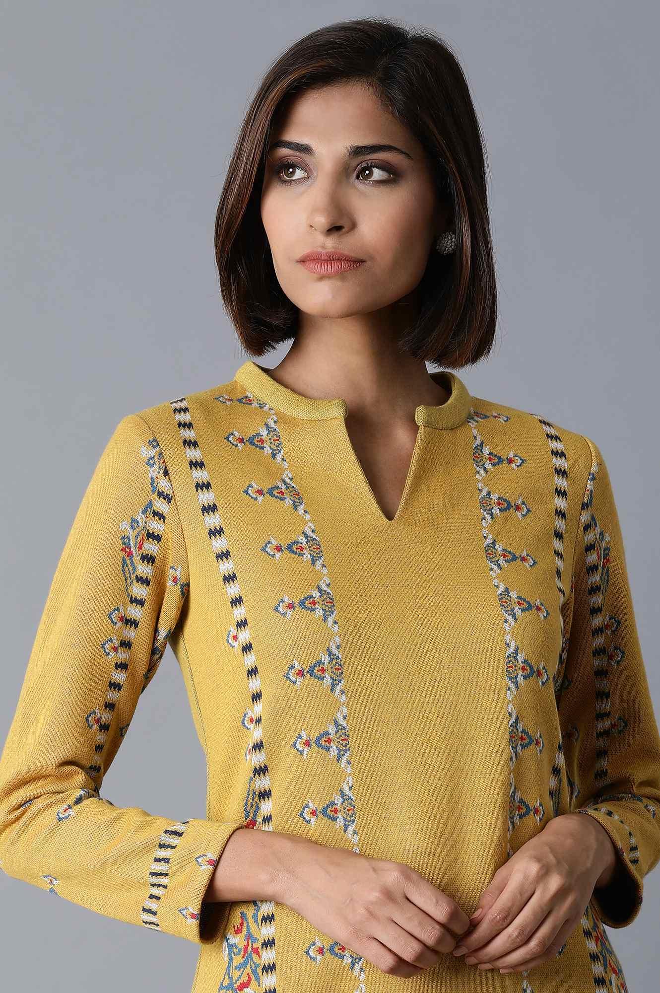 Yellow Jacquard Winter kurta - wforwoman