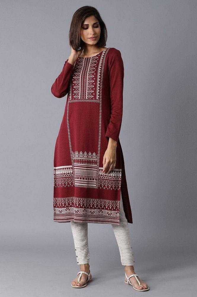 Maroon YD-Jacquard kurta - wforwoman