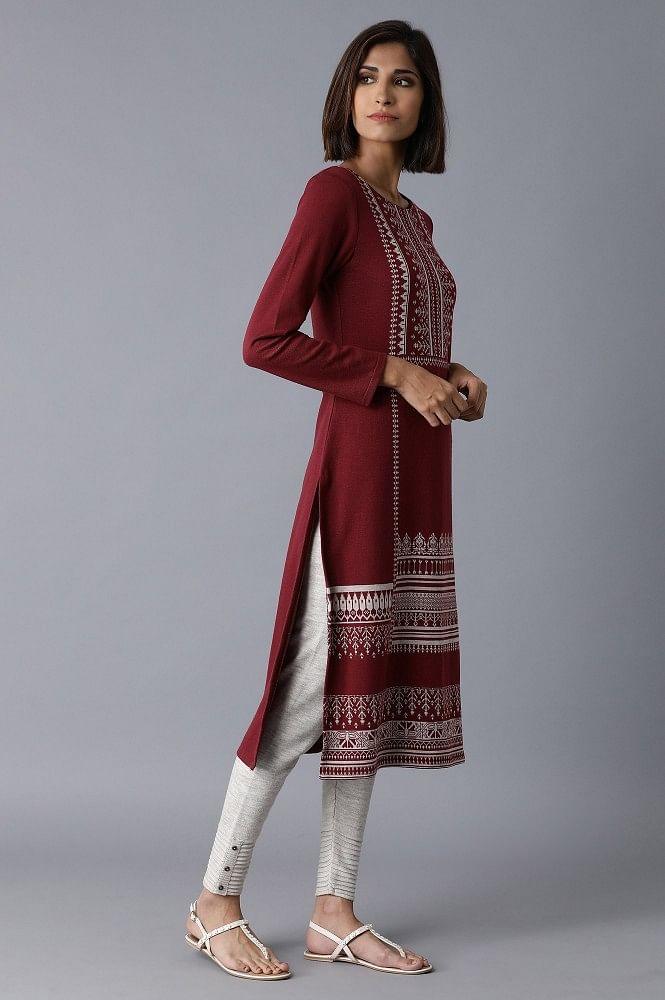 Maroon YD-Jacquard kurta - wforwoman