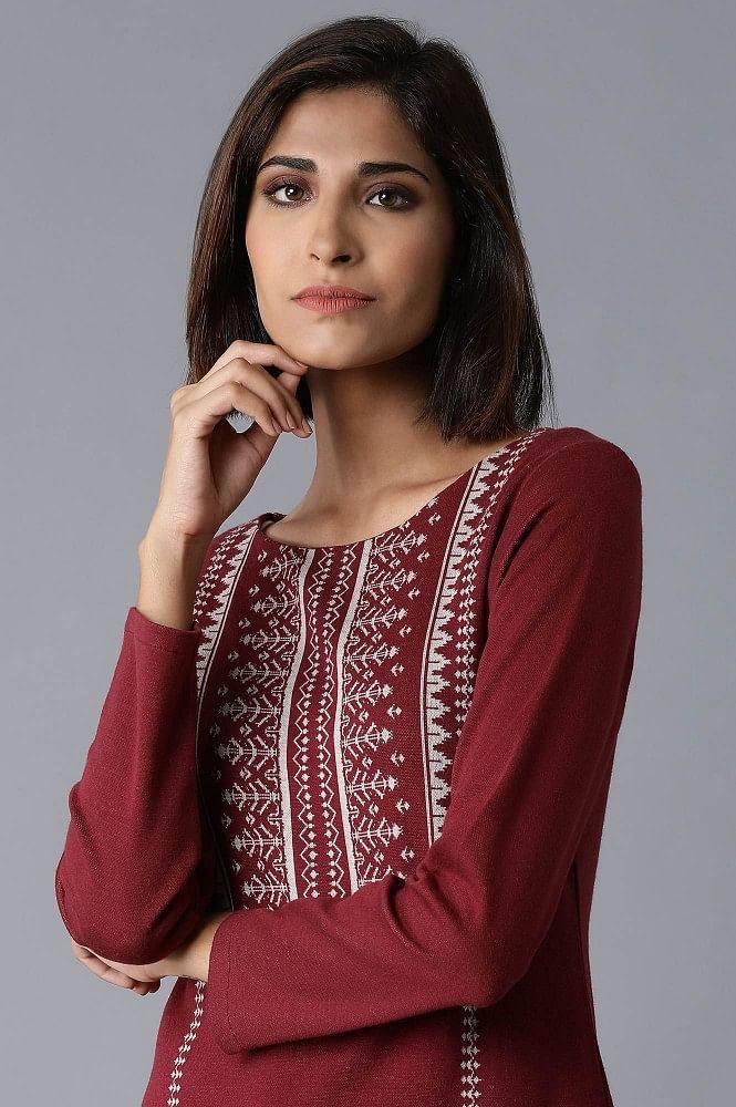 Maroon YD-Jacquard kurta - wforwoman