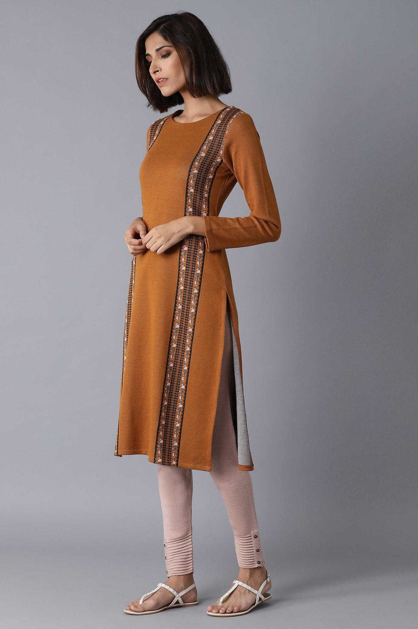 Mustard PC Jacquard kurta - wforwoman