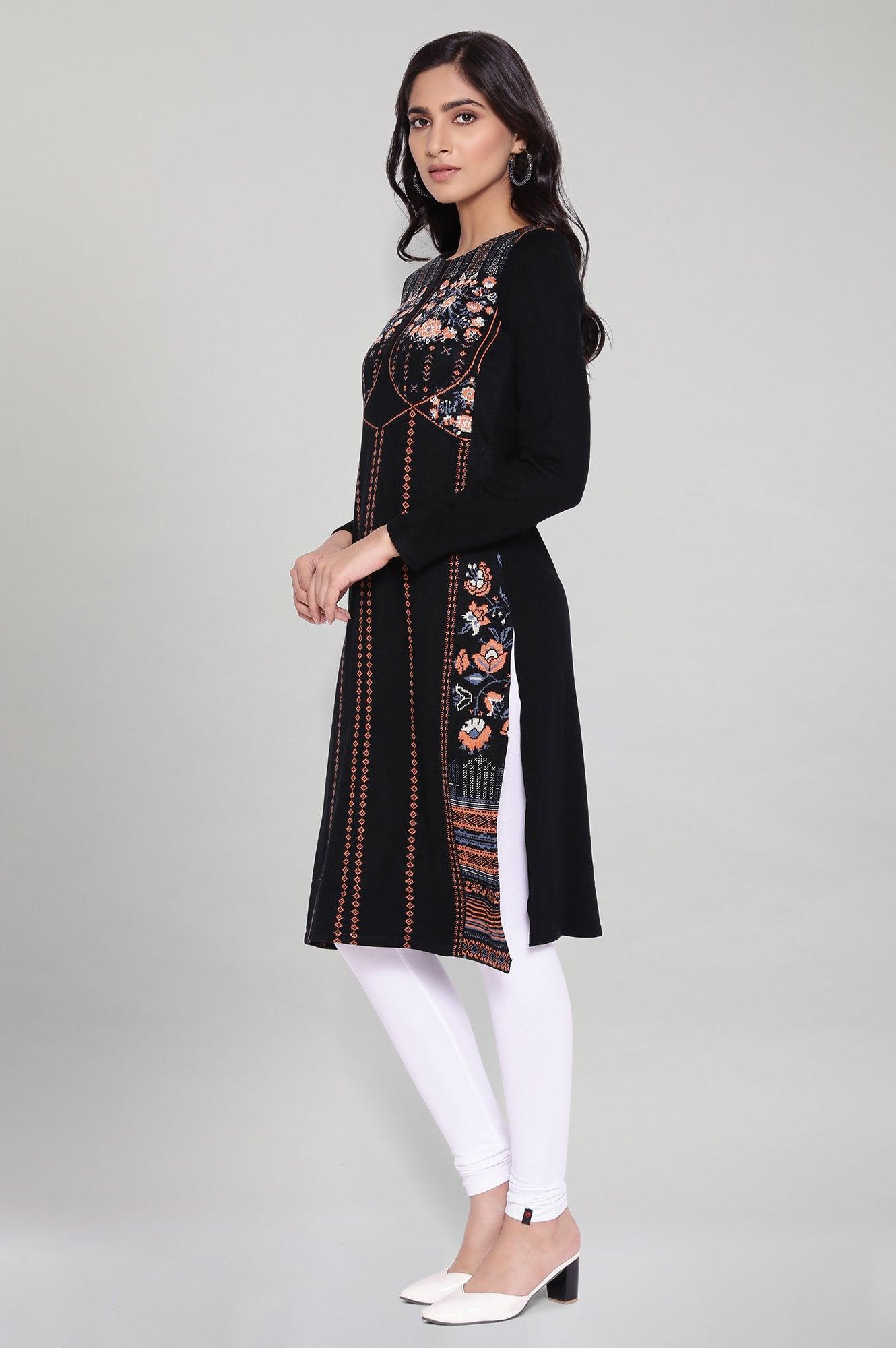 Jet Black Acrylic Winter kurta - wforwoman