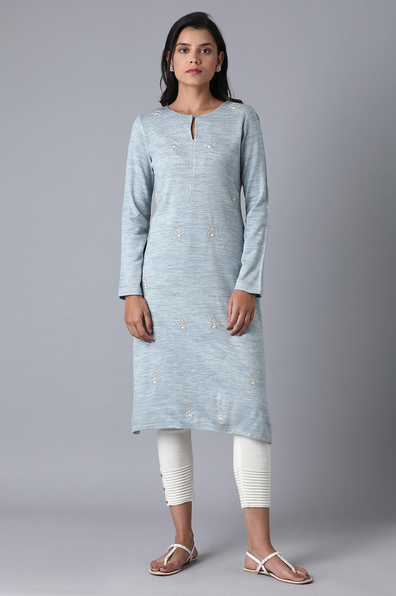 Blue Floral Embroidery Winter kurta - wforwoman