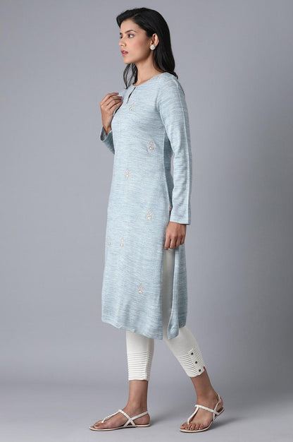 Blue Floral Embroidery Winter kurta - wforwoman