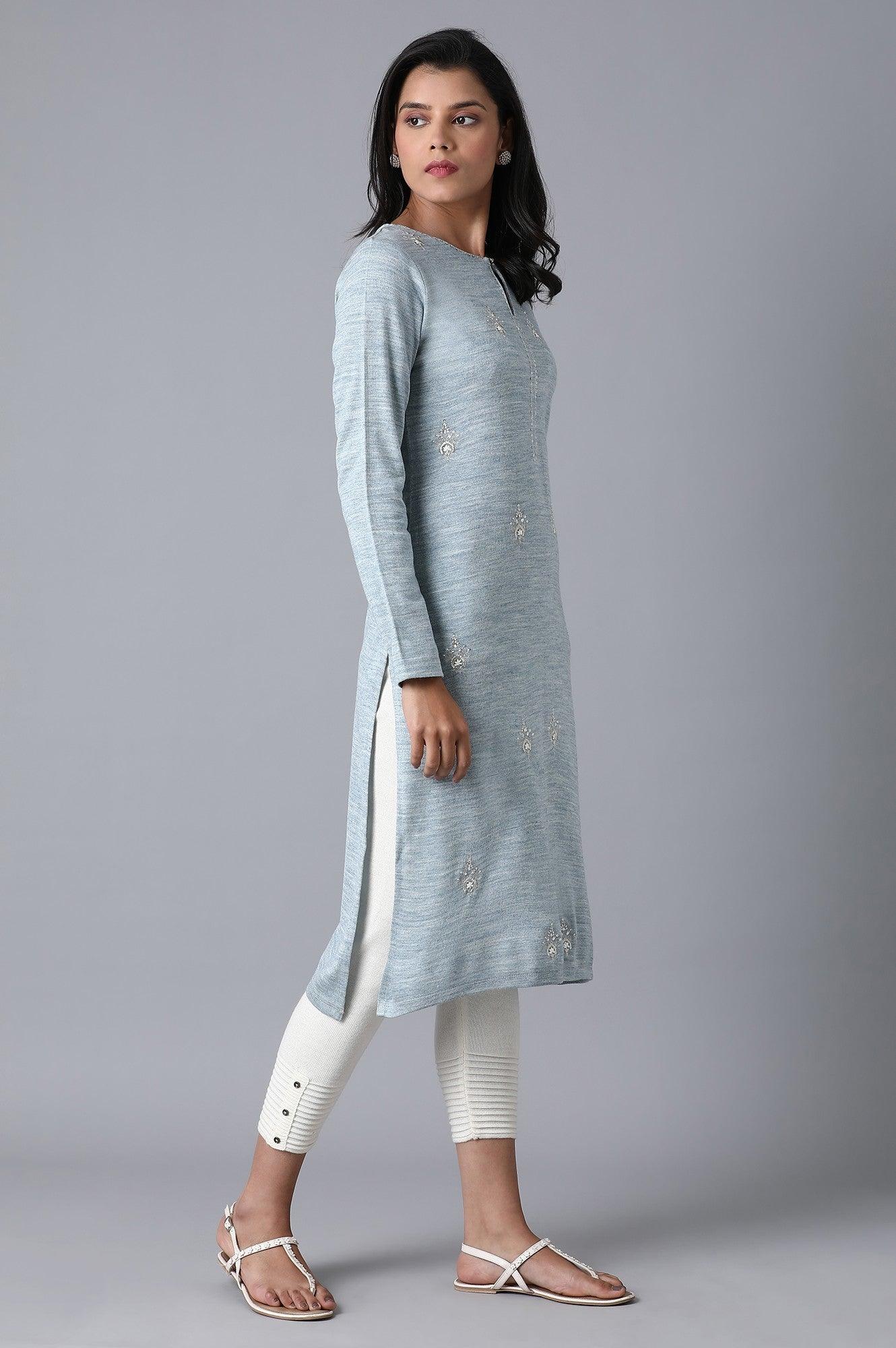 Blue Floral Embroidery Winter kurta - wforwoman