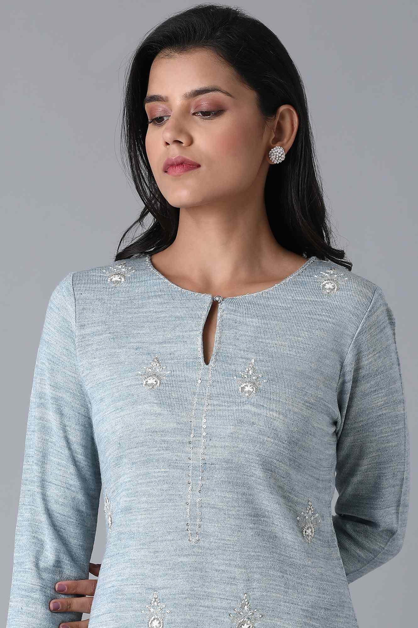 Blue Floral Embroidery Winter kurta - wforwoman