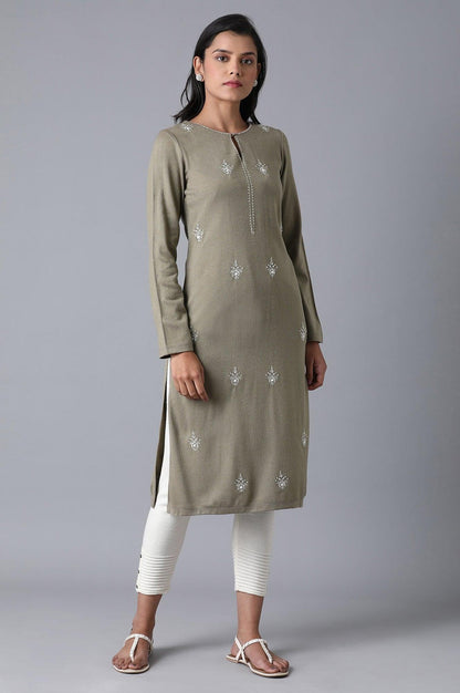 Olive Green Floral Embroidery Winter kurta - wforwoman