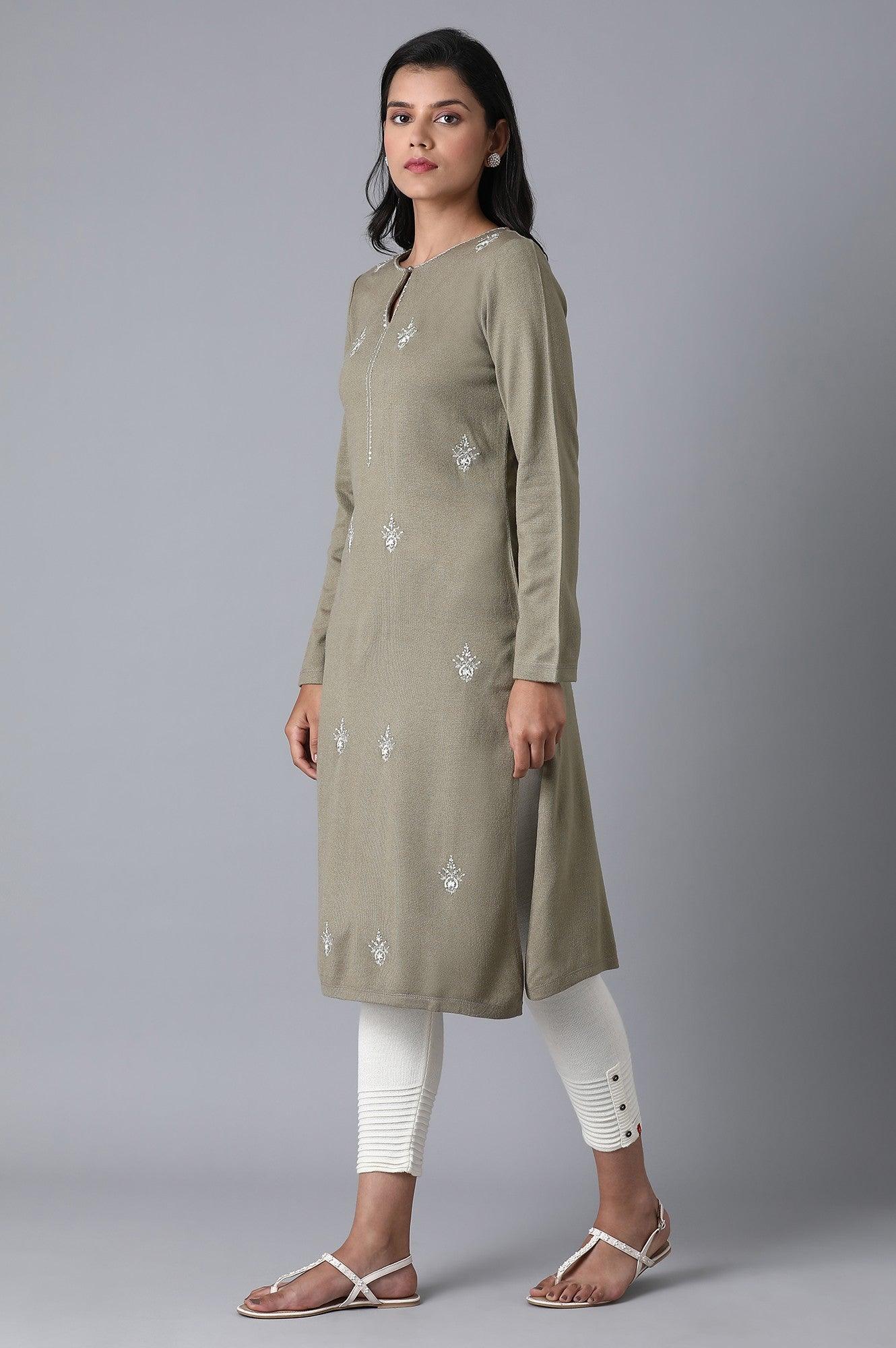 Olive Green Floral Embroidery Winter kurta - wforwoman