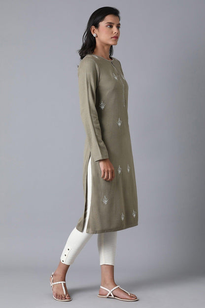 Olive Green Floral Embroidery Winter kurta - wforwoman