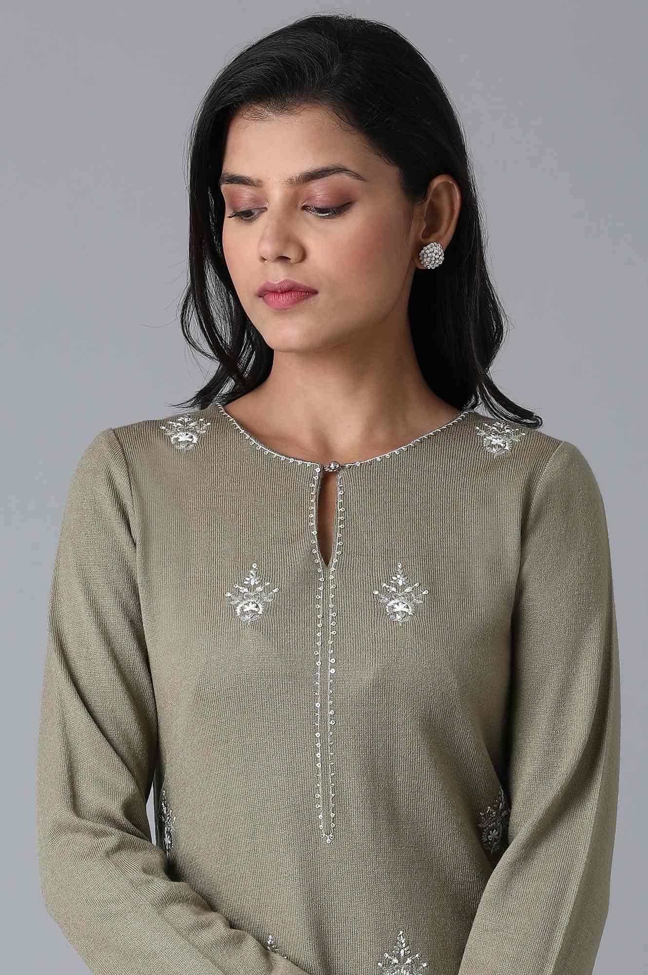 Olive Green Floral Embroidery Winter kurta - wforwoman