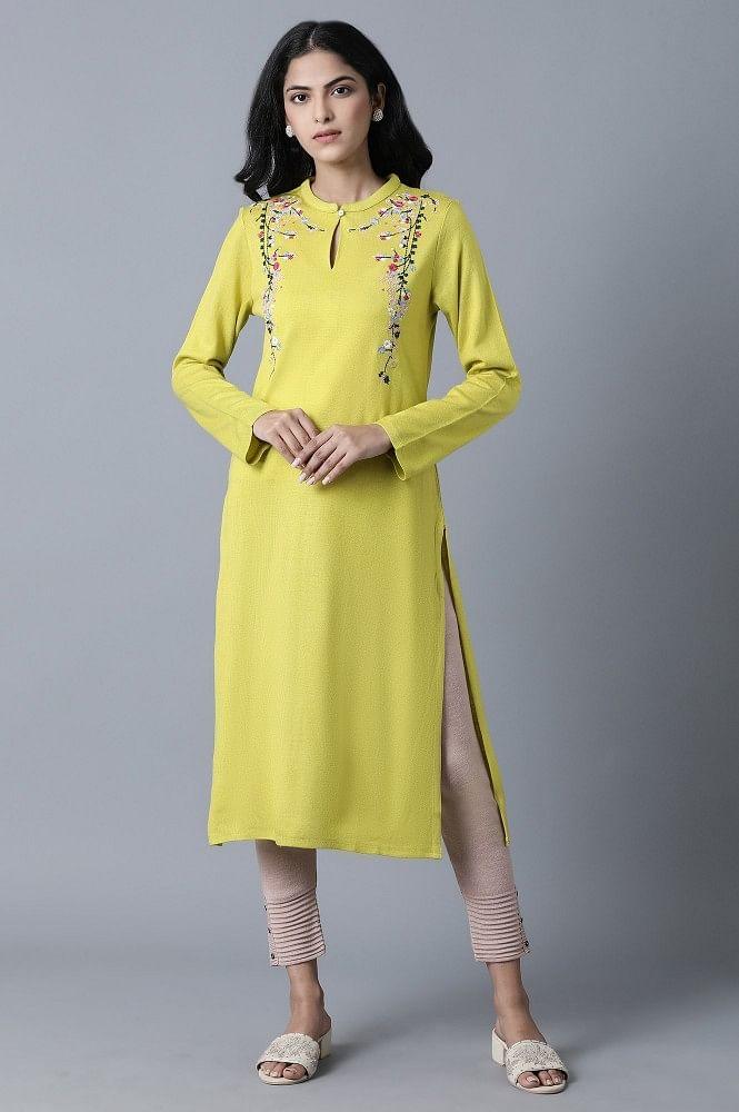 Yellow Mandarin Neck Winter kurta - wforwoman