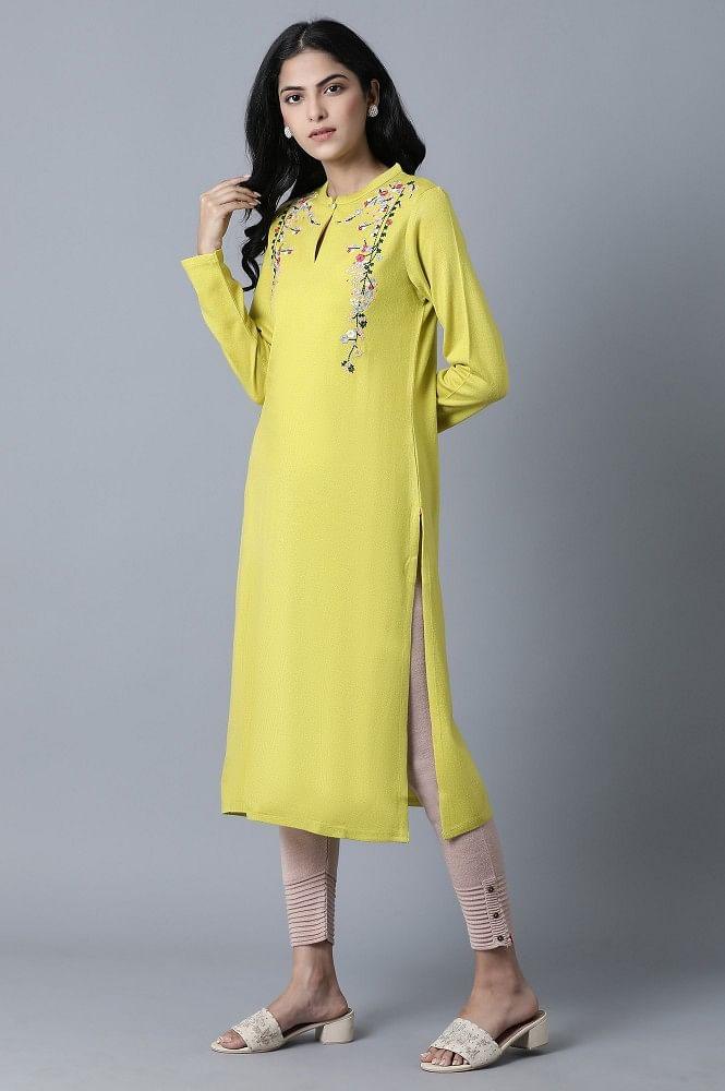 Yellow Mandarin Neck Winter kurta - wforwoman