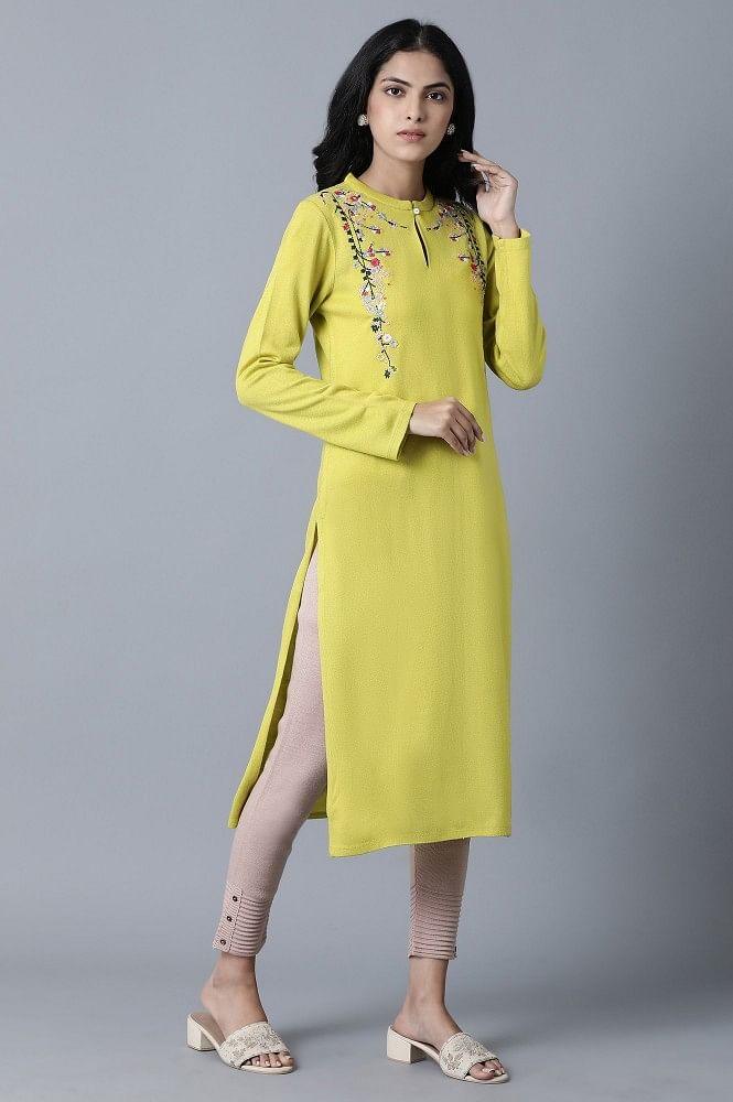 Yellow Mandarin Neck Winter kurta - wforwoman