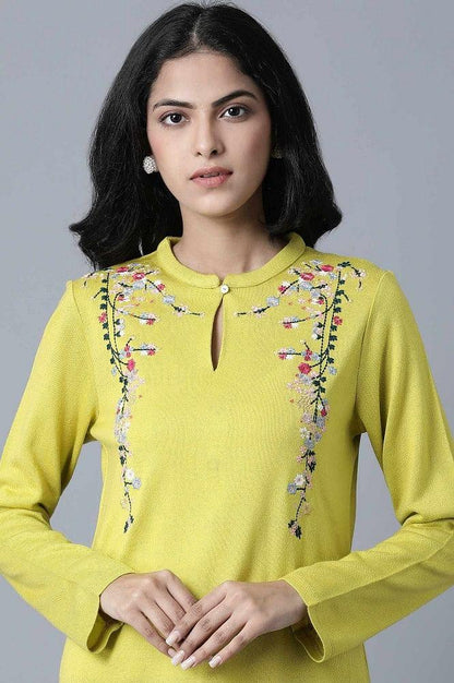 Yellow Mandarin Neck Winter kurta - wforwoman