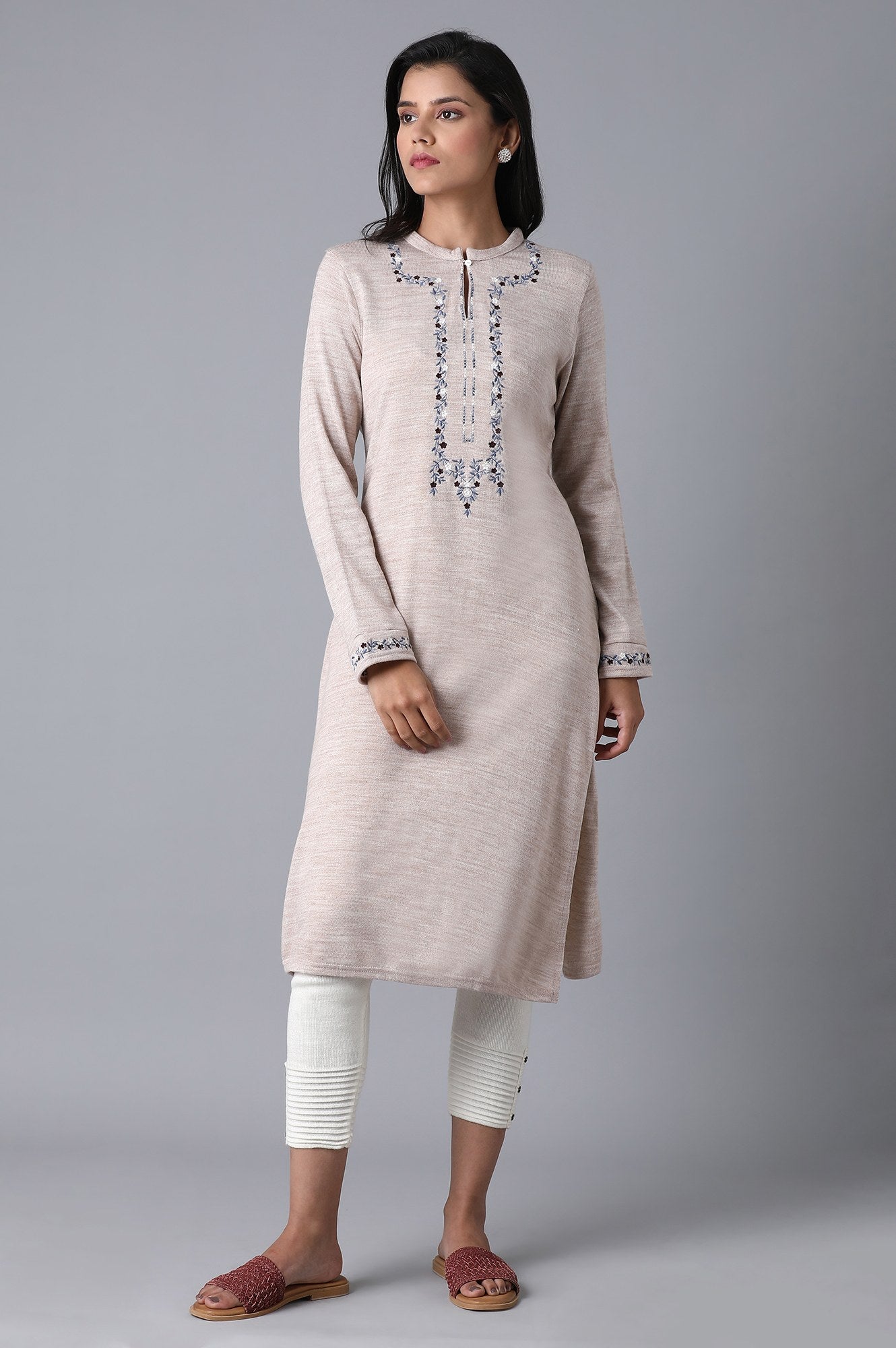 Beige Mandarin Neck Embroidered Winter kurta