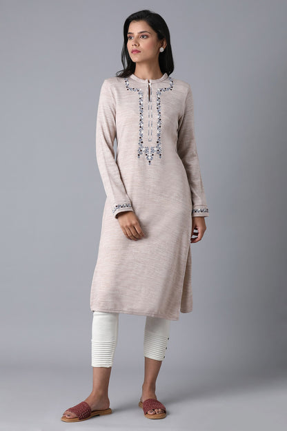 Beige Mandarin Neck Embroidered Winter kurta