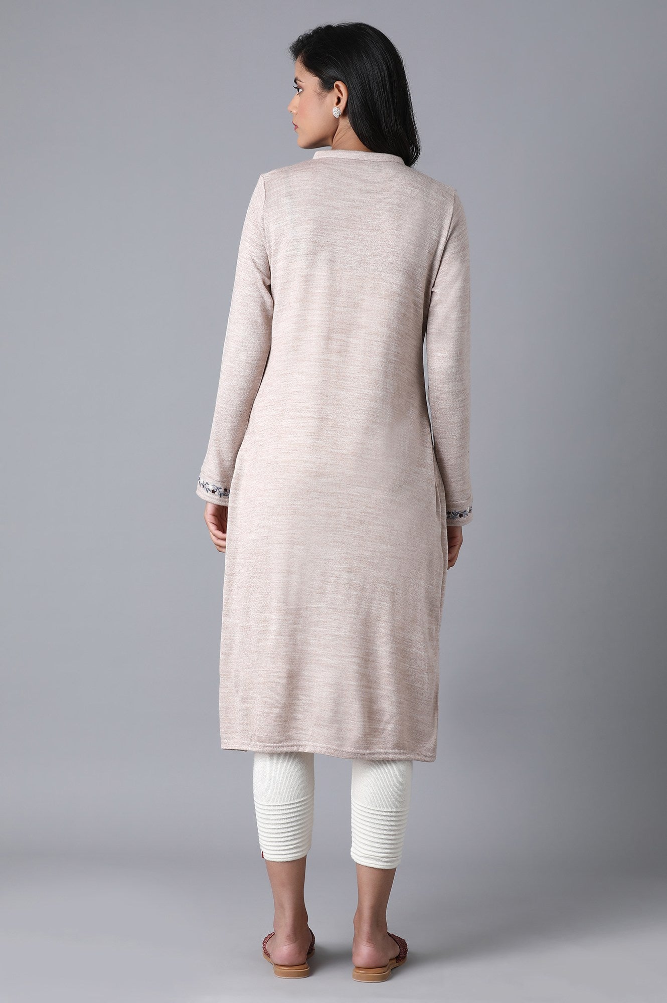 Beige Mandarin Neck Embroidered Winter kurta