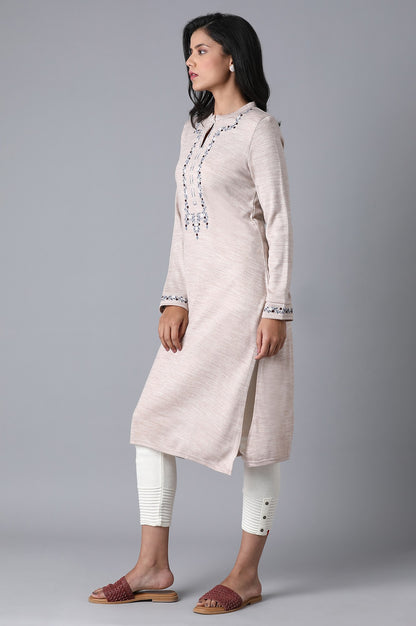 Beige Mandarin Neck Embroidered Winter kurta