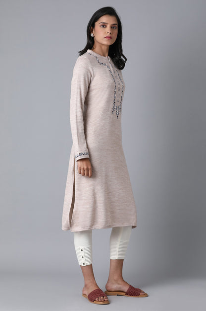 Beige Mandarin Neck Embroidered Winter kurta