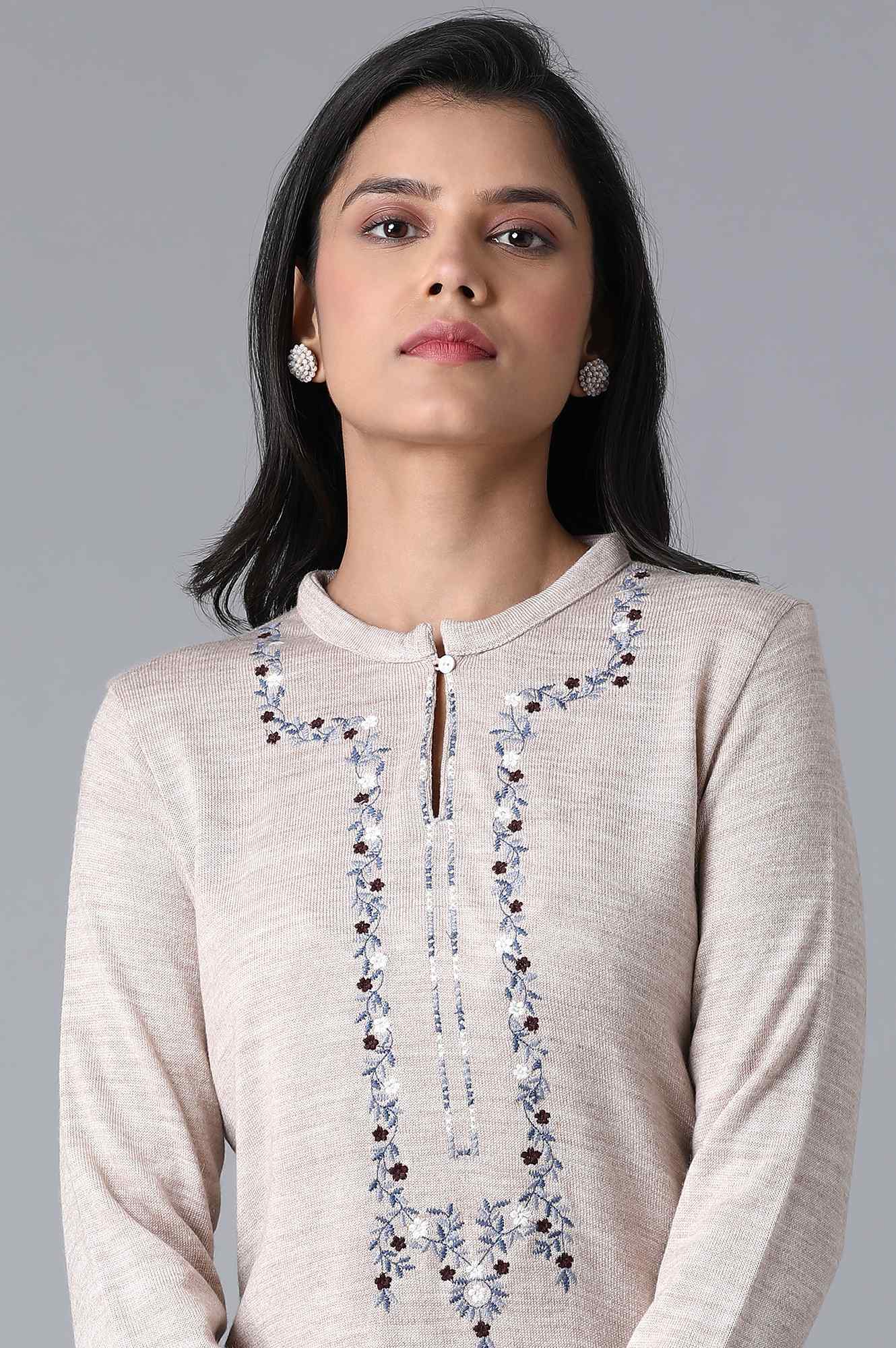 Beige Mandarin Neck Embroidered Winter kurta