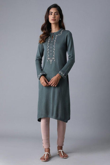 Grey Mandarin Neck Embroidered Winter kurta - wforwoman