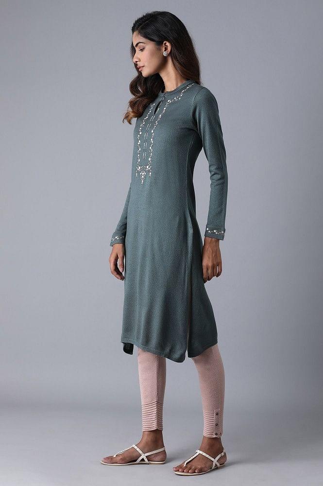 Grey Mandarin Neck Embroidered Winter kurta - wforwoman