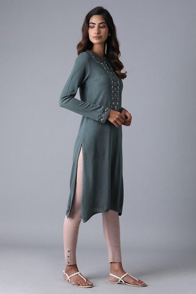 Grey Mandarin Neck Embroidered Winter kurta - wforwoman