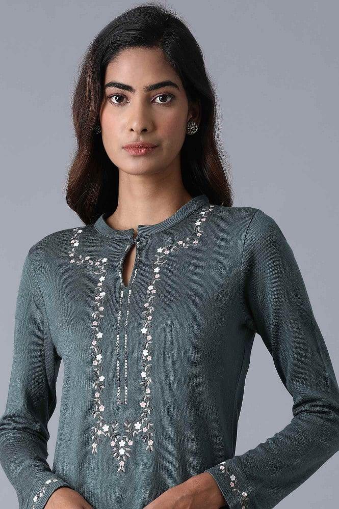 Grey Mandarin Neck Embroidered Winter kurta - wforwoman