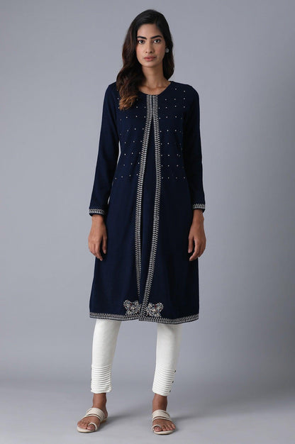 Navy Round Neck Embroidery Winter kurta - wforwoman