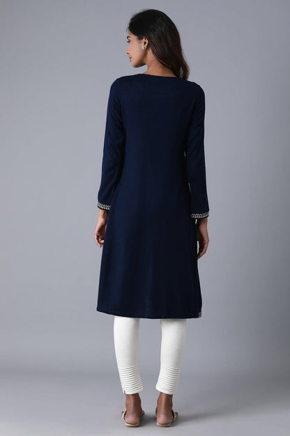 Navy Round Neck Embroidery Winter kurta - wforwoman