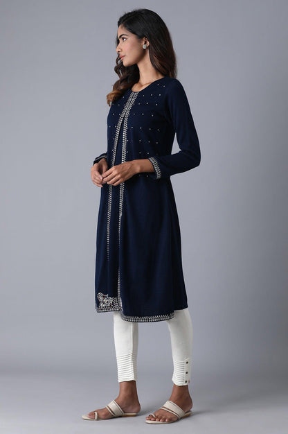 Navy Round Neck Embroidery Winter kurta - wforwoman