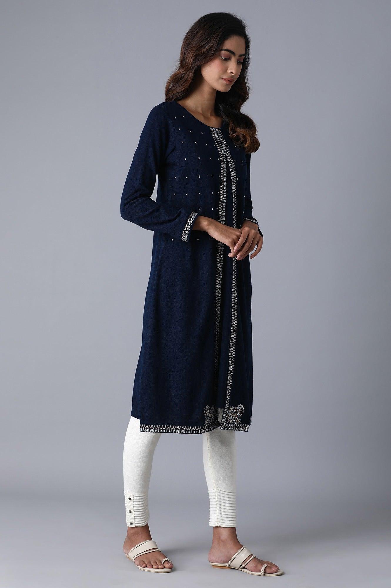 Navy Round Neck Embroidery Winter kurta - wforwoman