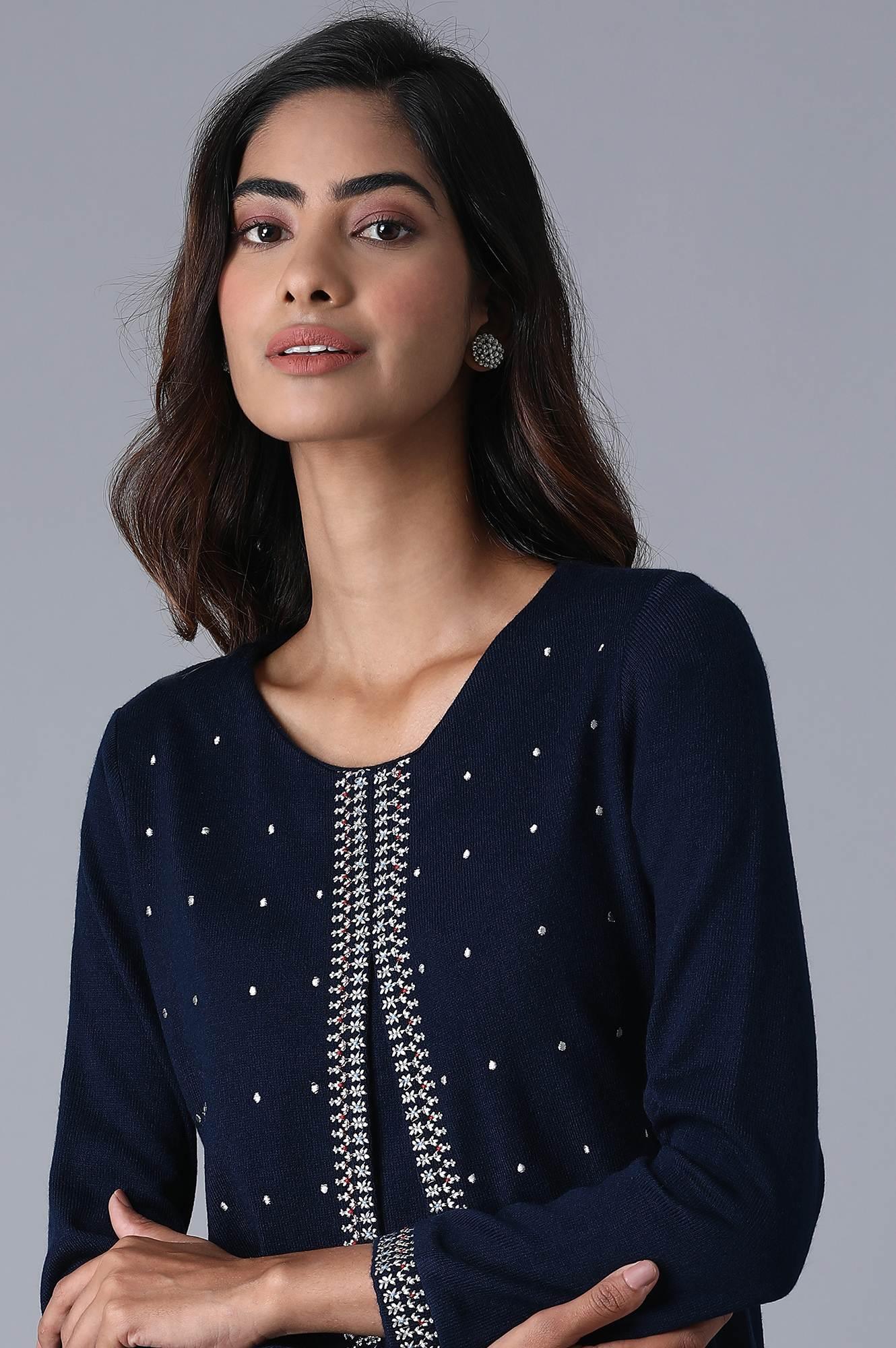 Navy Round Neck Embroidery Winter kurta - wforwoman