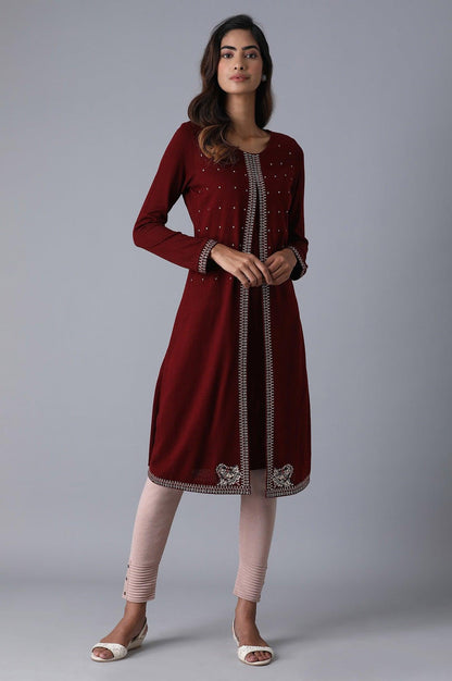 Maroon Round Neck Embroidery Winter kurta - wforwoman