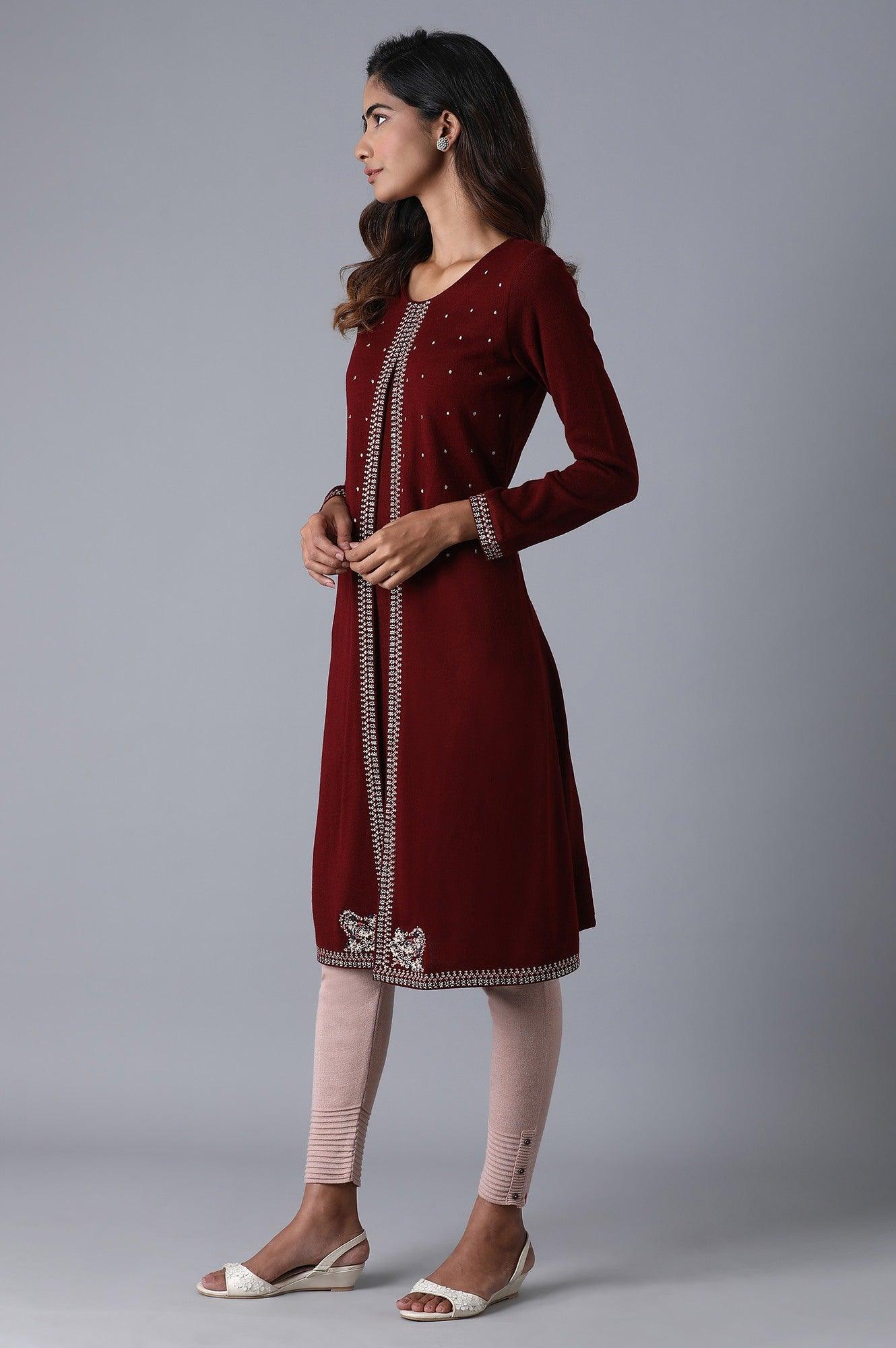 Maroon Round Neck Embroidery Winter kurta - wforwoman