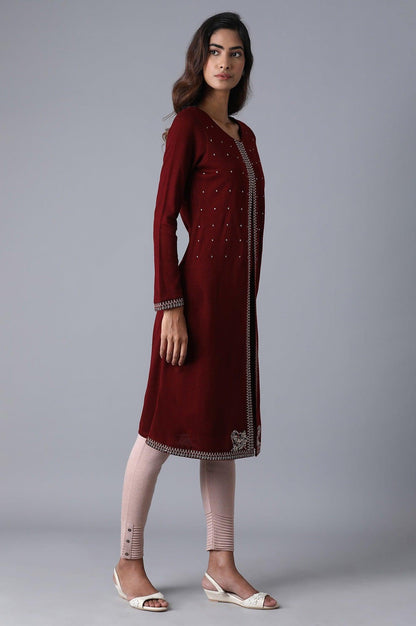 Maroon Round Neck Embroidery Winter kurta - wforwoman