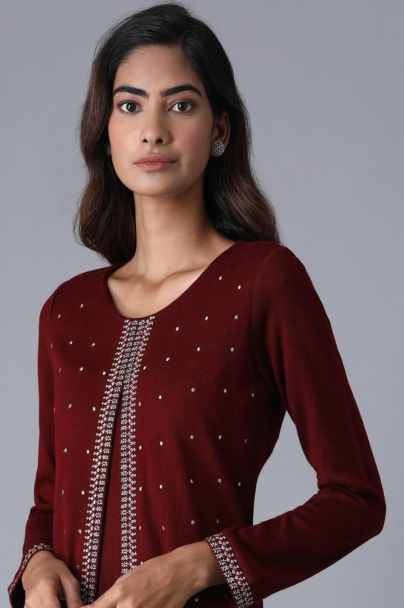 Maroon Round Neck Embroidery Winter kurta - wforwoman