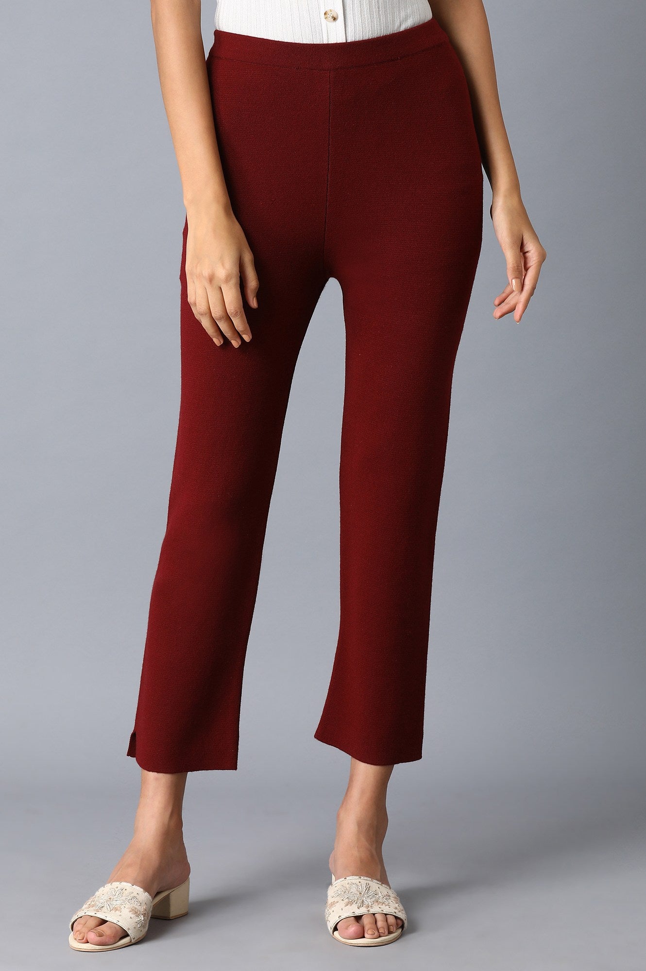 Dark Red Solid Slim Pants