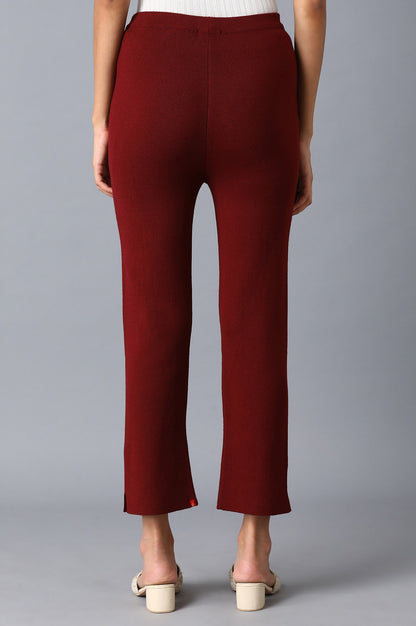 Dark Red Solid Slim Pants