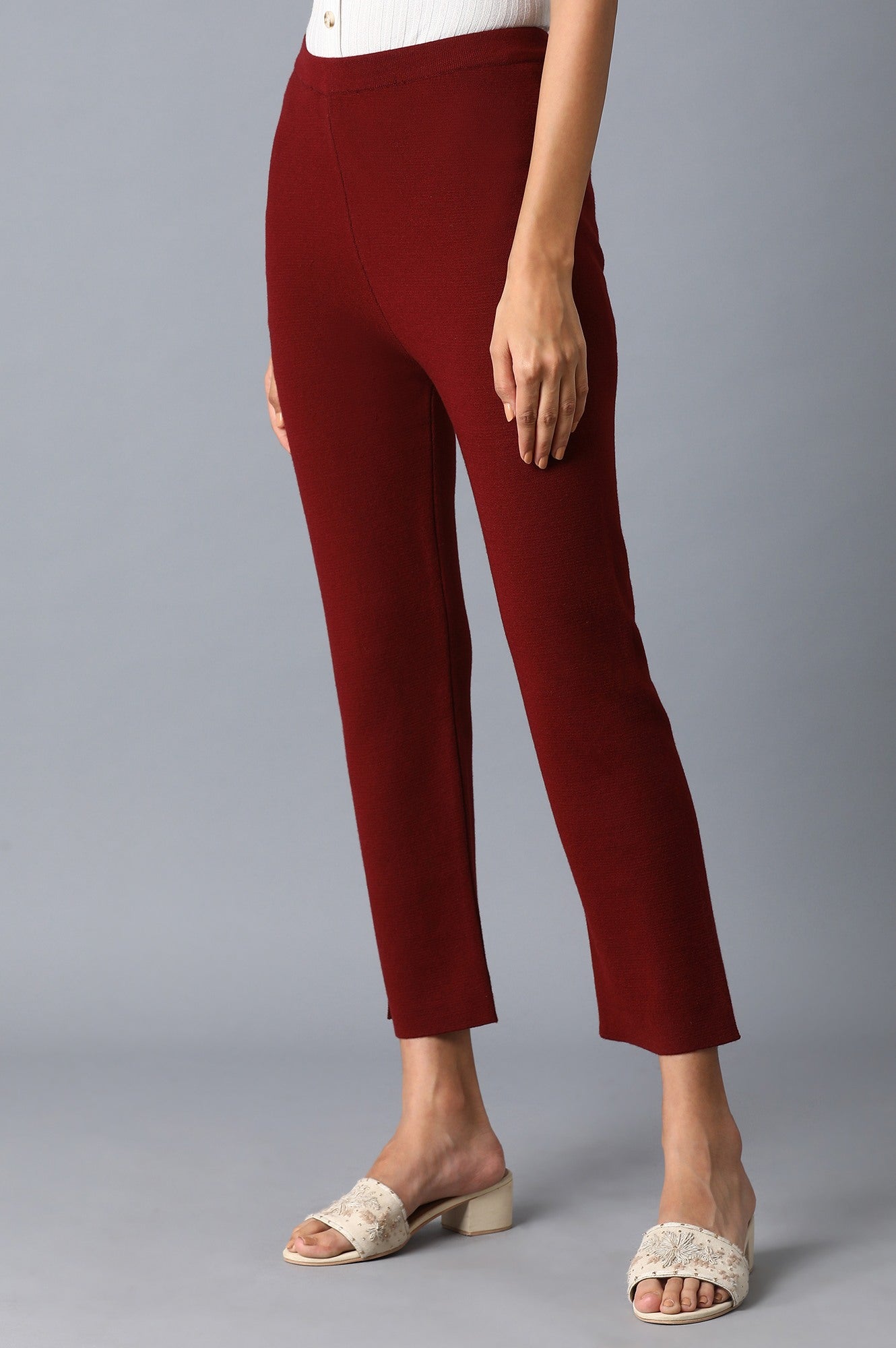 Dark Red Solid Slim Pants