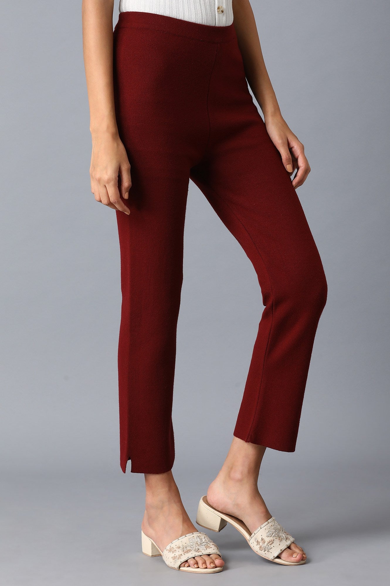 Dark Red Solid Slim Pants