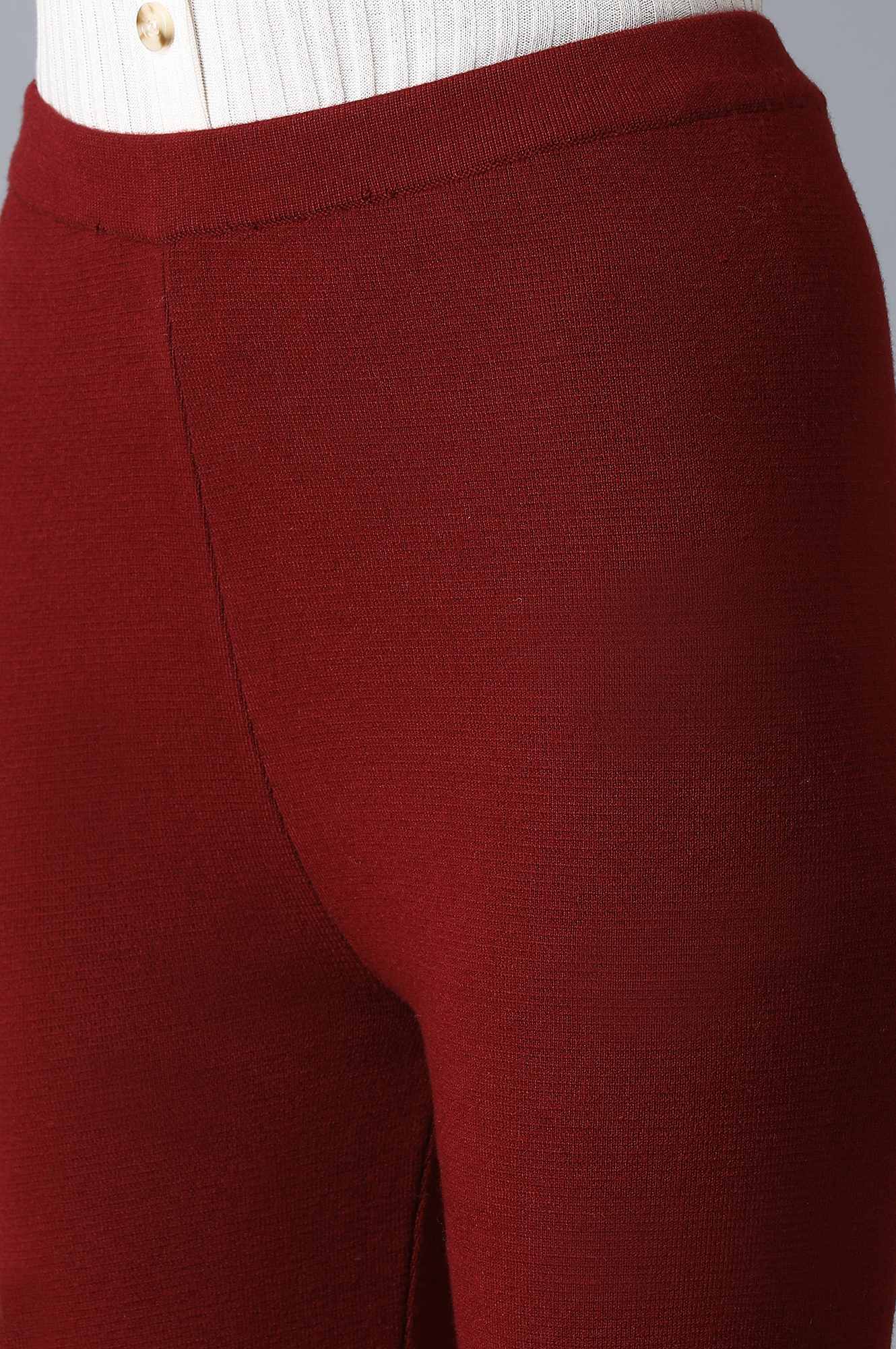 Dark Red Solid Slim Pants