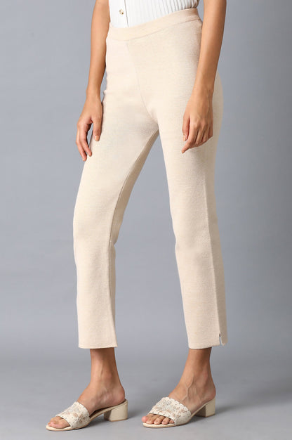 Beige Red Solid Slim Pants