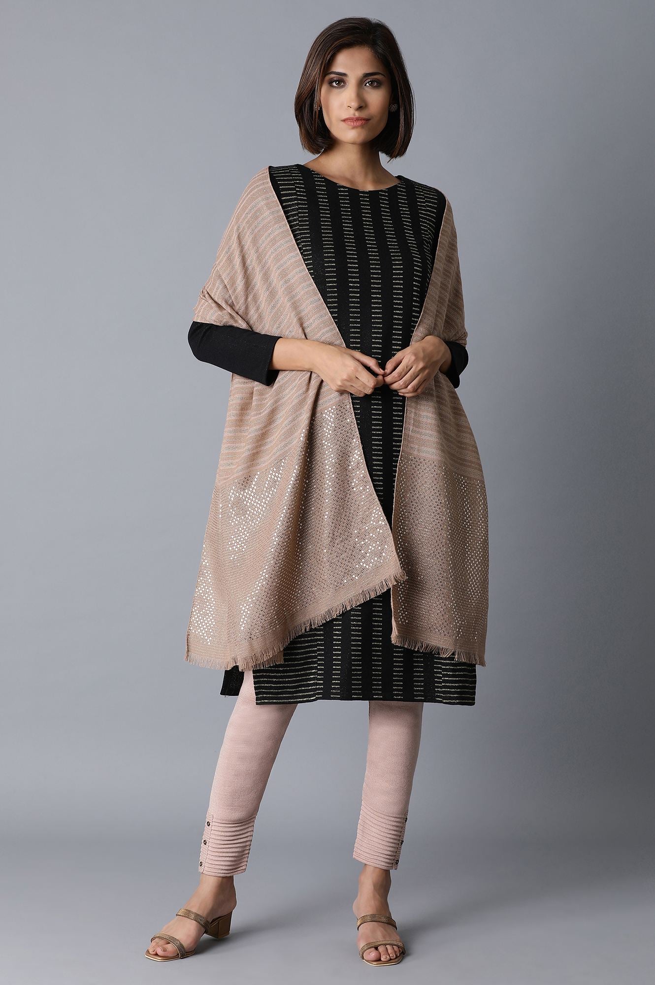 Beige Acro Wool Jacquard Shawl