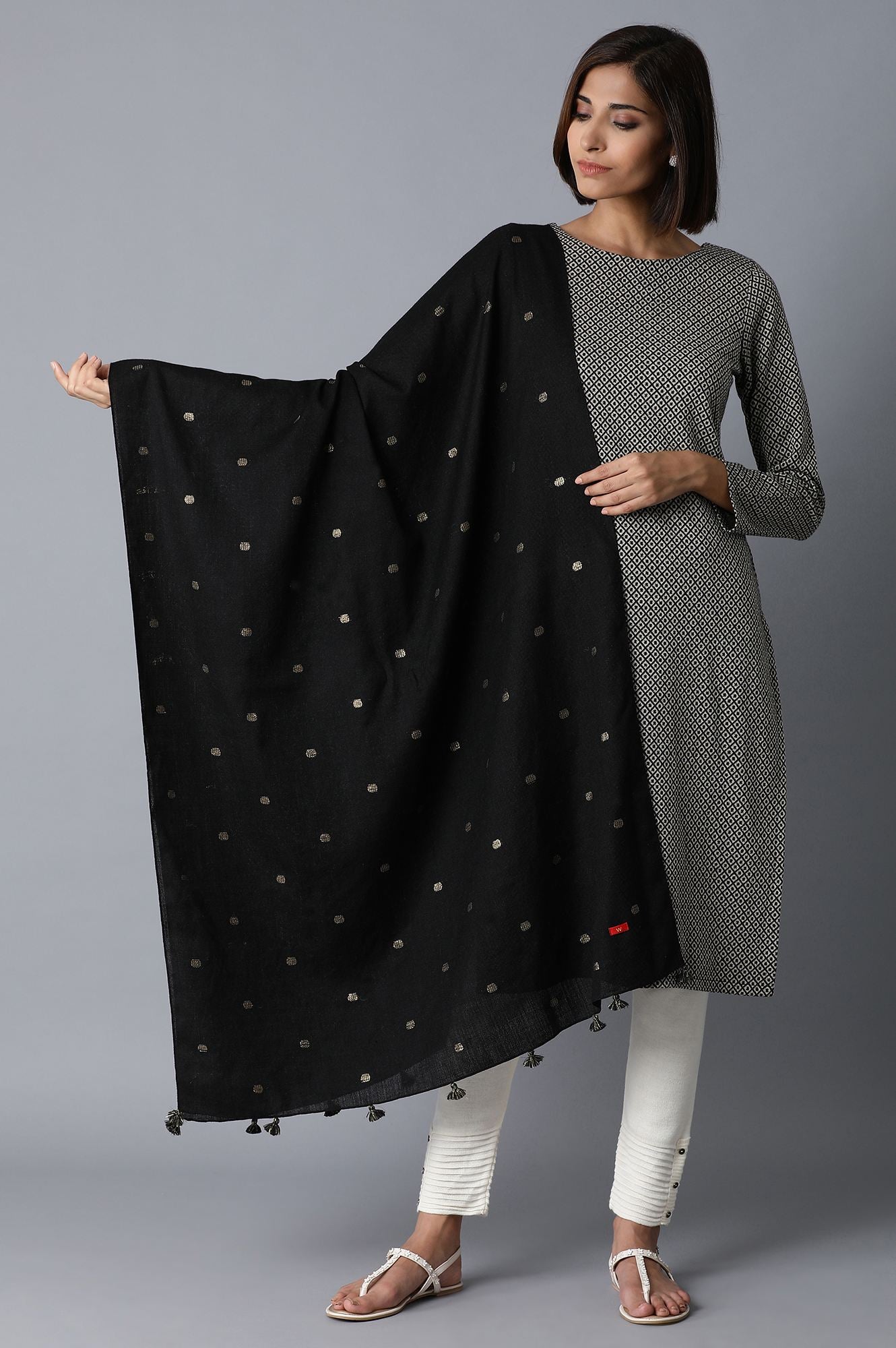 Black Jacquard Wool Shawl