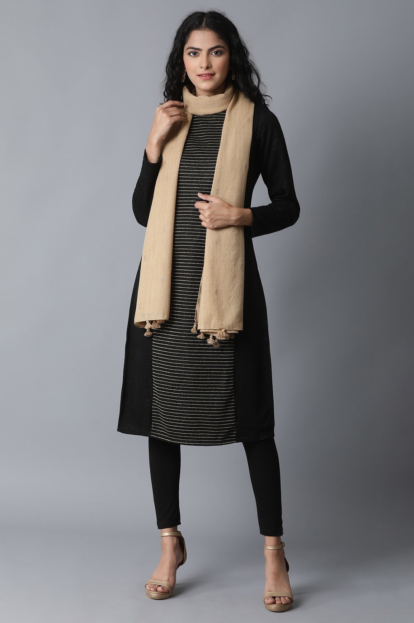 Beige Jacquard Wool Shawl