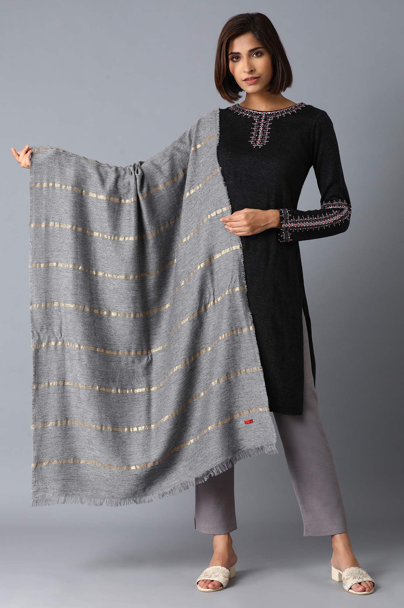 Grey Melange Jacquard Wool Shawl