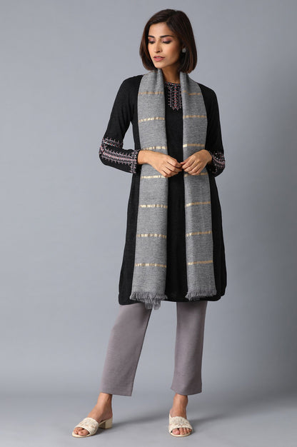 Grey Melange Jacquard Wool Shawl